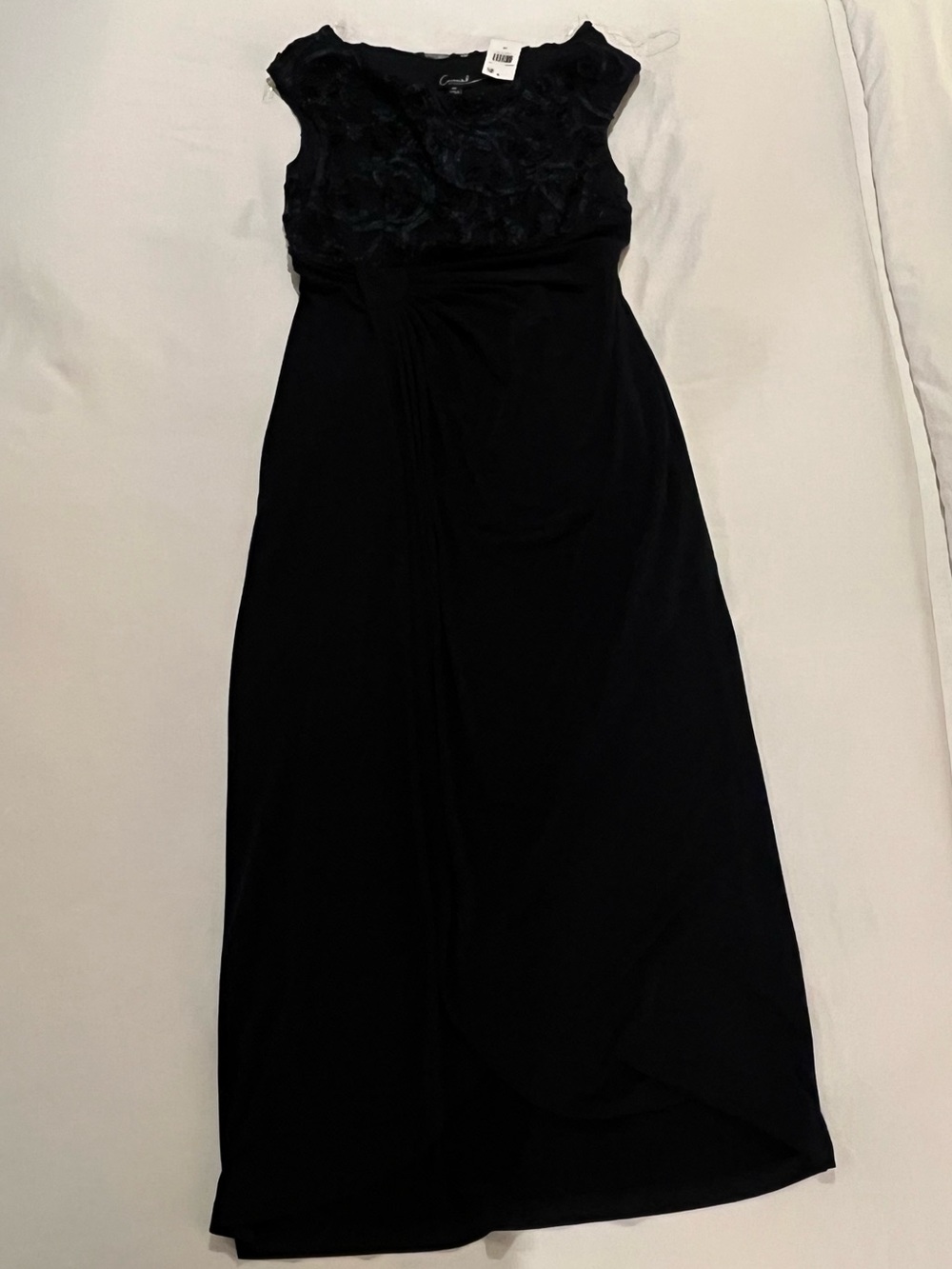 Connected Apparel Navy Floor Length Gown with Floral Appliqué Detail - PETITE
